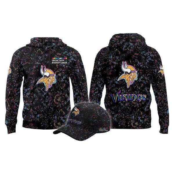 2025 Vikings Crucial Catch Intercept Cancer Hoodie Cap 2