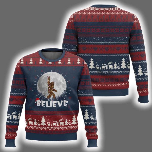 Believe Cool Full Moon & Trees Sasquatch Xmas Lights Ugly Christmas Sweater