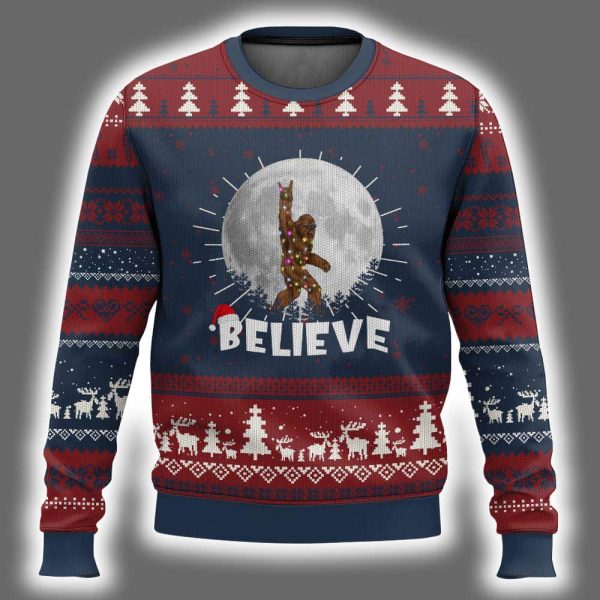 Believe Cool Full Moon Trees Sasquatch Xmas Lights Ugly Christmas Sweater 2