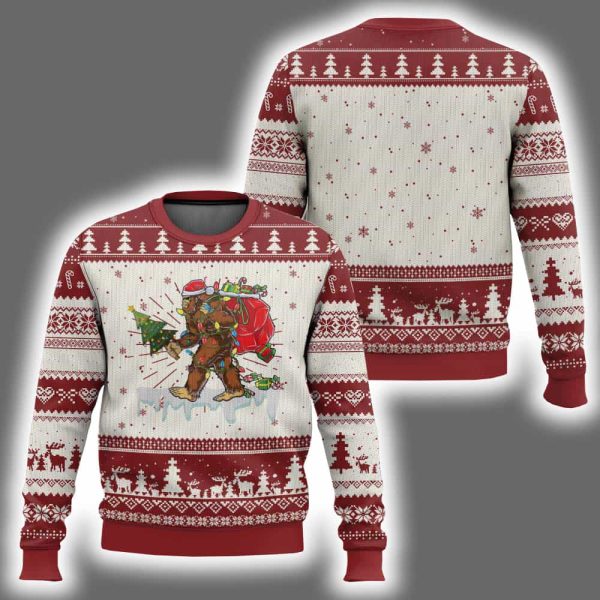 Bigfoot Christmas Tree Lights Ugly Christmas Sweater