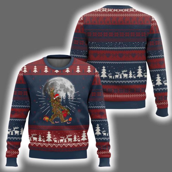 Bigfoot Santa Hat Sasquatch Loves Rock On Ugly Christmas Sweater