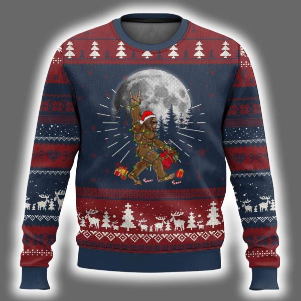 Bigfoot Santa Hat Sasquatch Loves Rock On Ugly Christmas Sweater 2