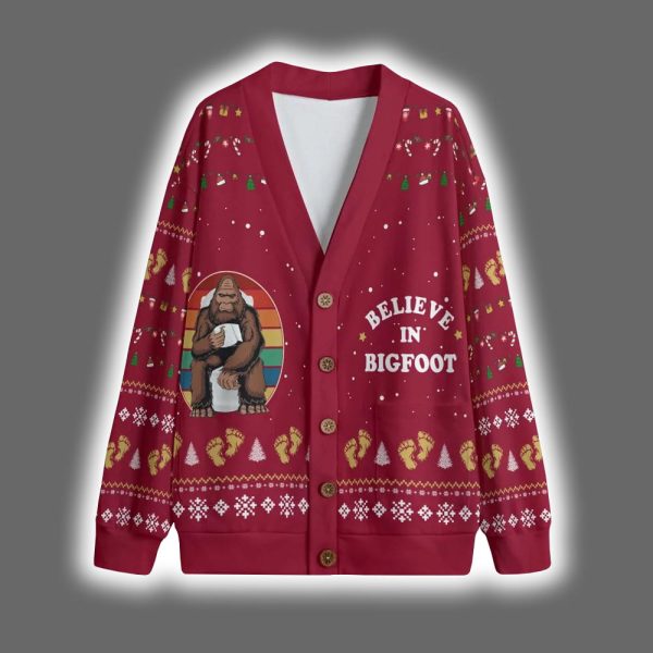 Bigfoot Toilet Believe In Christmas Cardigan 2 2