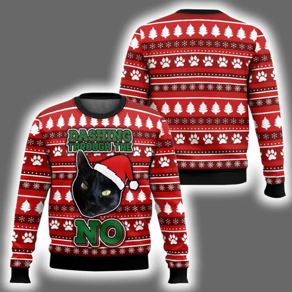 Black Cat Dashing Through The No Ugly Christmas Sweater