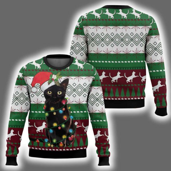 Black Cat Light Christmas Ugly Christmas Sweater