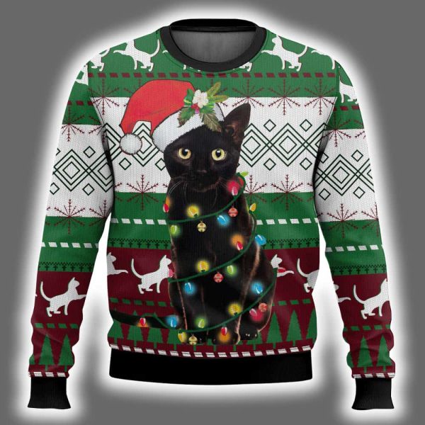 Black Cat Light Christmas Ugly Christmas Sweater 2