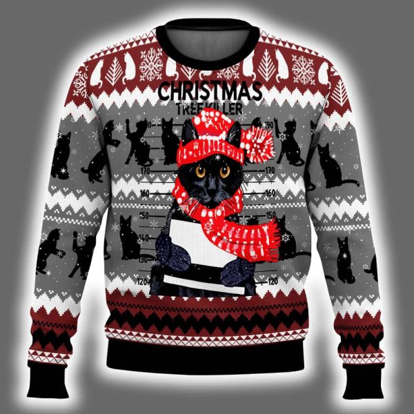 Black Cat Tree Killer Ugly Christmas Sweater 2