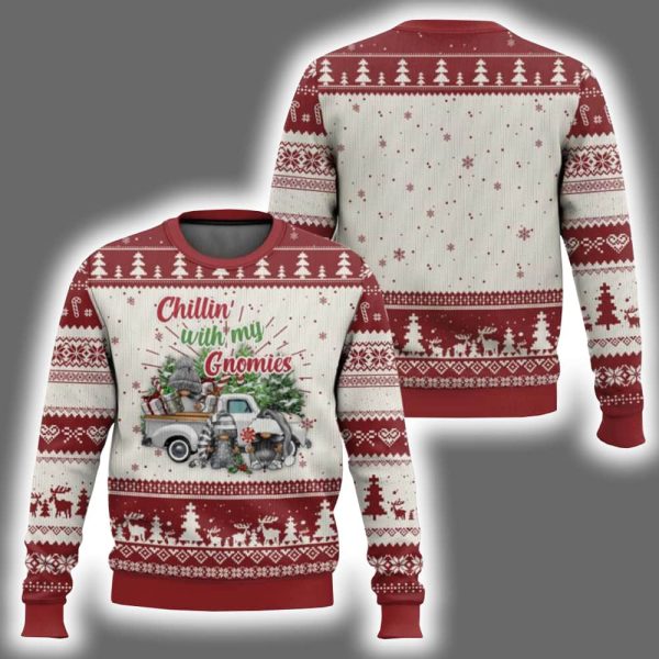 Chillin With My Gnomies Xmas Truck Ugly Christmas Sweater