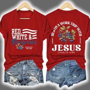 Retro Red White & Blueberries He's On A Work Trip With Jesus Charlie Kirk Print T-Shirt