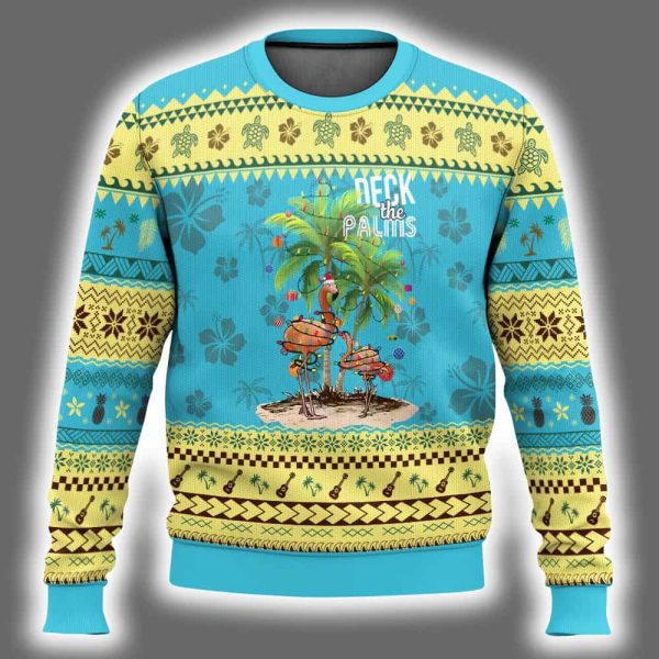 Deck The Palms Holiday Flamingo Beach Family Vacation In Hawaii Ugly Christmas Sweater 2