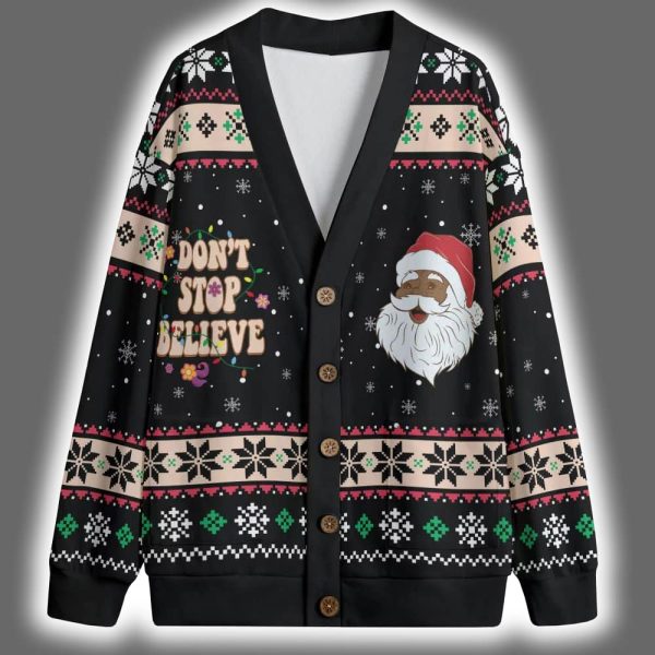 Don't Stop Believe Black Santa Claus Christmas Cardigan
