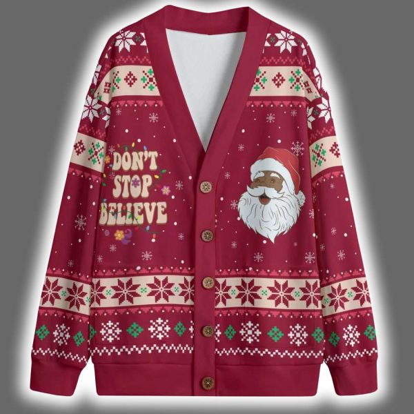Dont Stop Believe Black Santa Claus Christmas Cardigan 2