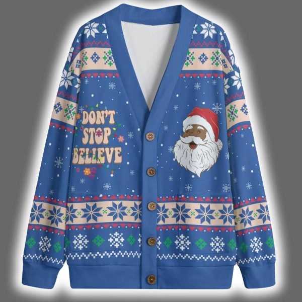 Dont Stop Believe Black Santa Claus Christmas Cardigan 3
