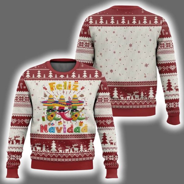 Feliz Navidad Mexican Fiesta Hot Pepper Guitar Party Ugly Christmas Sweater
