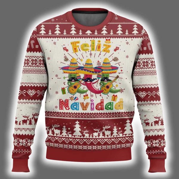 Feliz Navidad Mexican Fiesta Hot Pepper Guitar Party Ugly Christmas Sweater 2