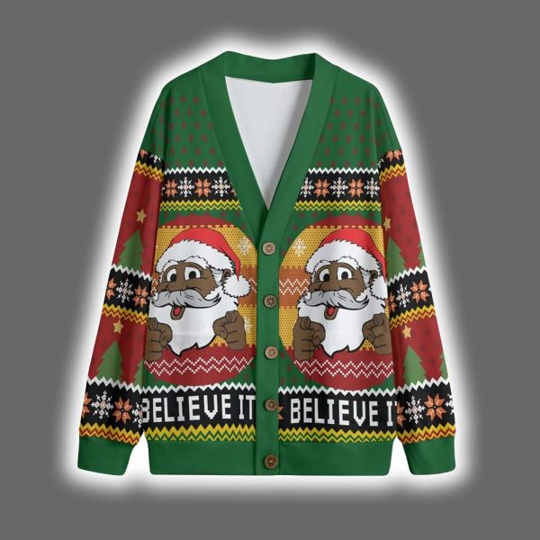 Funny Believe Black Santa Christmas Cardigan