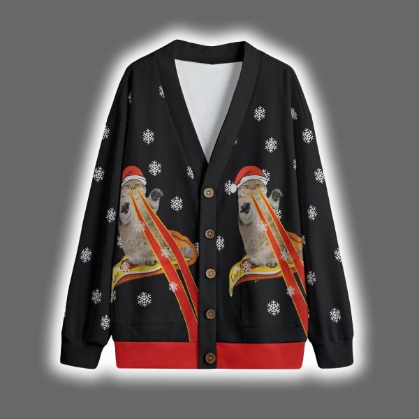 Funny Pizza Cat With Laser Eyes Christmas Cardigan