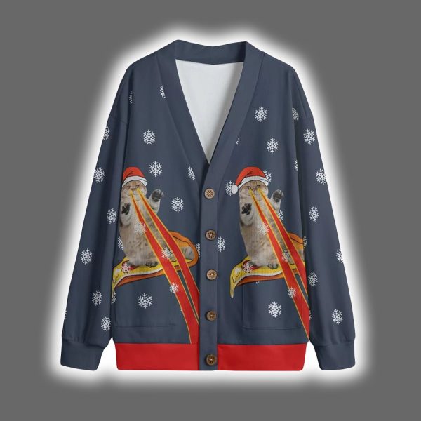 Funny Pizza Cat With Laser Eyes Christmas Cardigan 2