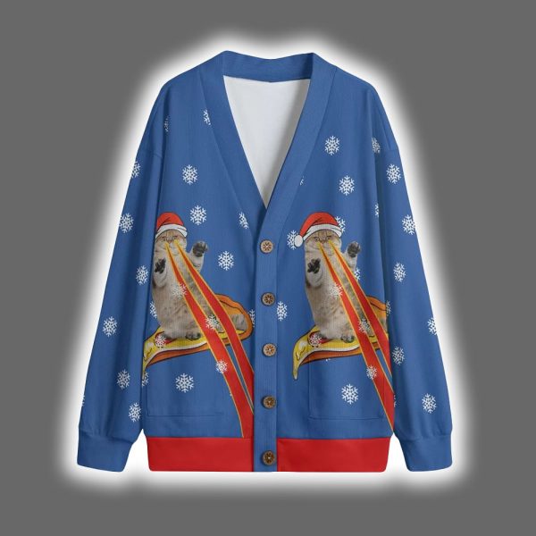 Funny Pizza Cat With Laser Eyes Christmas Cardigan 3