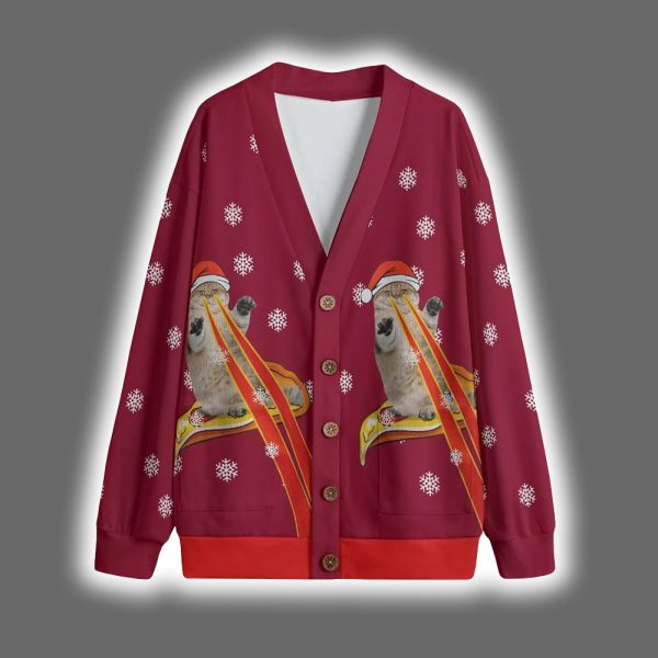 Funny Pizza Cat With Laser Eyes Christmas Cardigan 4