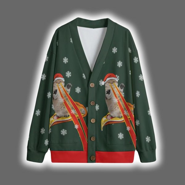 Funny Pizza Cat With Laser Eyes Christmas Cardigan 5