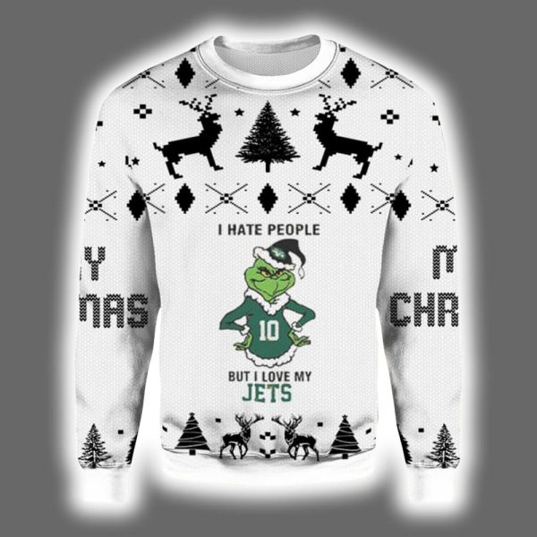 Grnch I Hate People But I Love My Jets Ugly Christmas Sweater