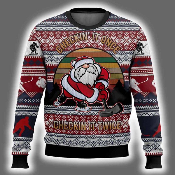 Hockey Santa Checking It Once Checking It Twice Ugly Christmas Sweater 2