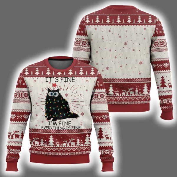 It's Fine I'm Fine Everything Is Fine Meowy Catmas Ugly Christmas Sweater