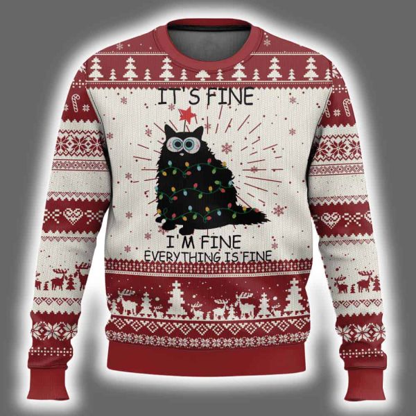 Its Fine Im Fine Everything Is Fine Meowy Catmas Ugly Christmas Sweater 2