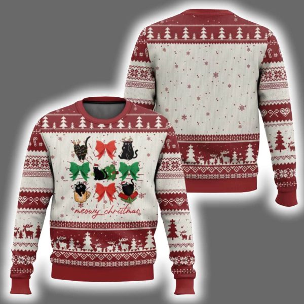 Meowy Christmas Cute Black Cats Coquette Bow Ugly Christmas Sweater 1