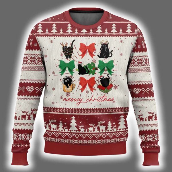 Meowy Christmas Cute Black Cats Coquette Bow Ugly Christmas Sweater 2