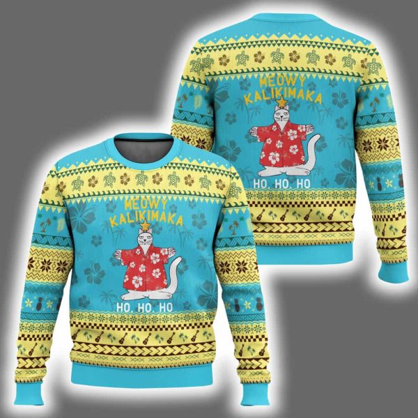 Meowy Kalikimaka Hawaiian Cat Ho Ho Ho Ugly Christmas Sweater