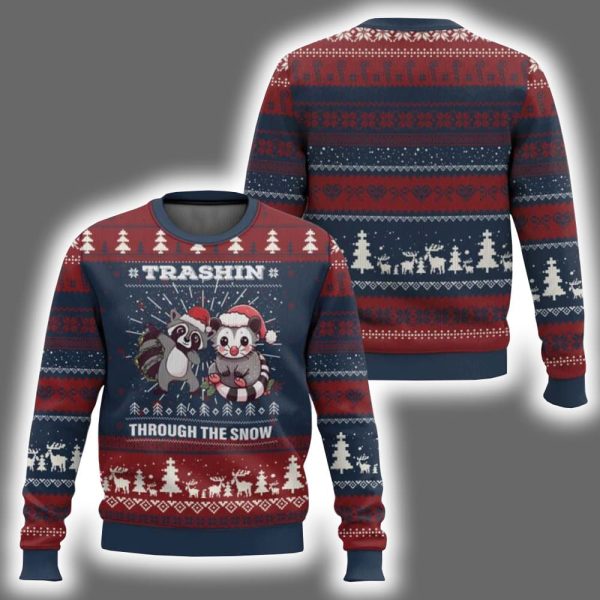 Opossum Raccoon Trashin Through The Snow Ugly Christmas Sweater