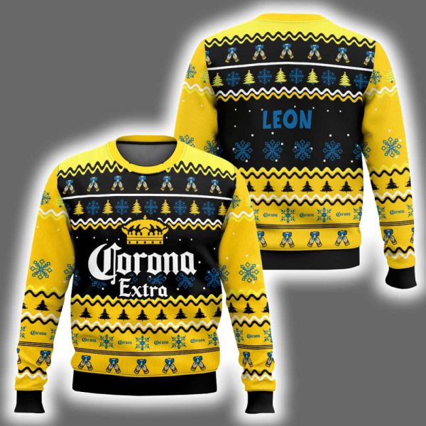 Personalized Corona Extra Pine Tree Snowing Christmas Ugly Sweater