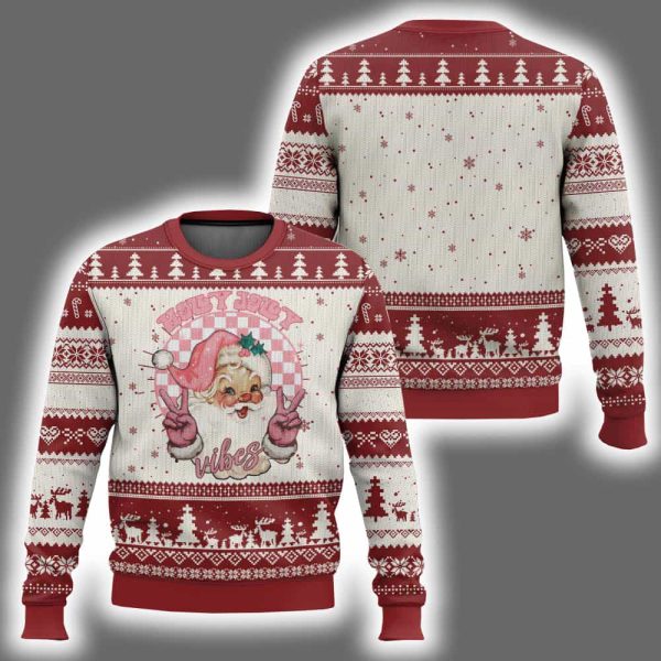 Pink Xmas Retro Santa Holly Jolly Vibes Ugly Christmas Sweater