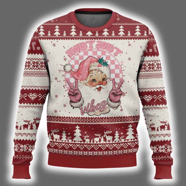 Pink Xmas Retro Santa Holly Jolly Vibes Ugly Christmas Sweater 2