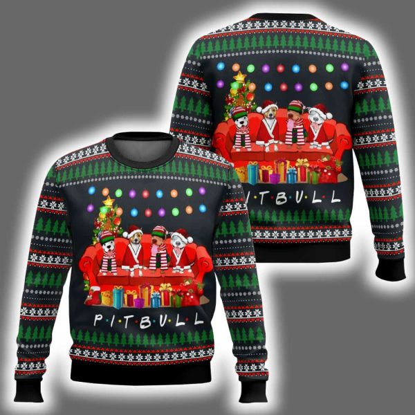 Pit Bull Friends On Red Sofa Ugly Christmas Sweater
