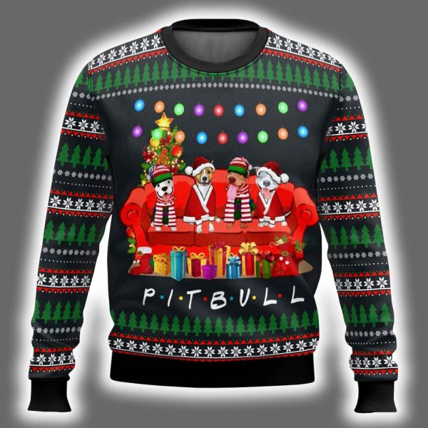 Pit Bull Friends On Red Sofa Ugly Christmas Sweater 2