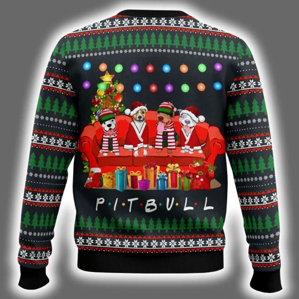 Pit Bull Friends On Red Sofa Ugly Christmas Sweater 3