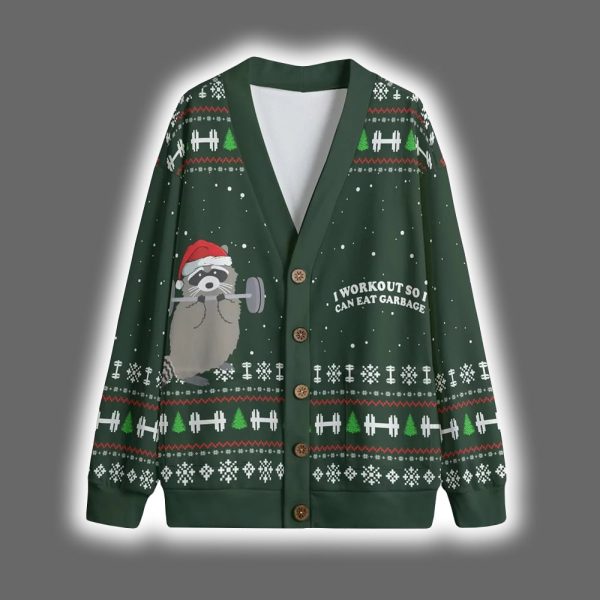 Raccoon I Workout So I Can Eat Carbage Christmas Cardigan
