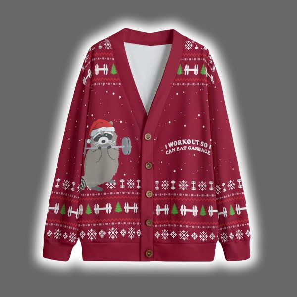 Raccoon I Workout So I Can Eat Carbage Christmas Cardigan 2 2