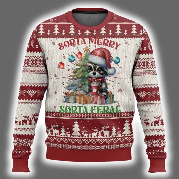 Raccoon Sorta Merry Sorta Feral Merry Trashmas Ugly Christmas Sweater 2