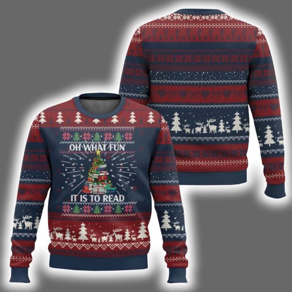Reading Oh What Fun It Is To Read Books Xmas Tree Ugly Christmas Sweater