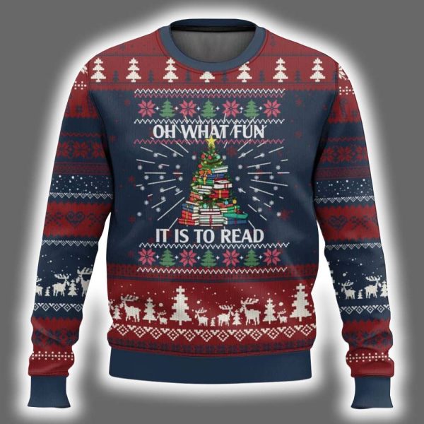 Reading Oh What Fun It Is To Read Books Xmas Tree Ugly Christmas Sweater 2
