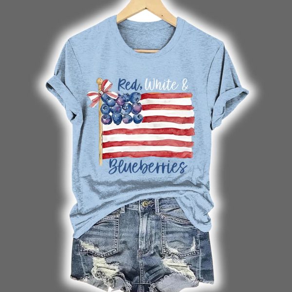 Red White And Blueberries Print Round Neck T-Shirt