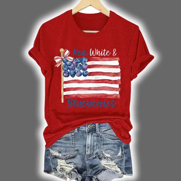 Red White And Blueberries Print Round Neck T Shirt 2