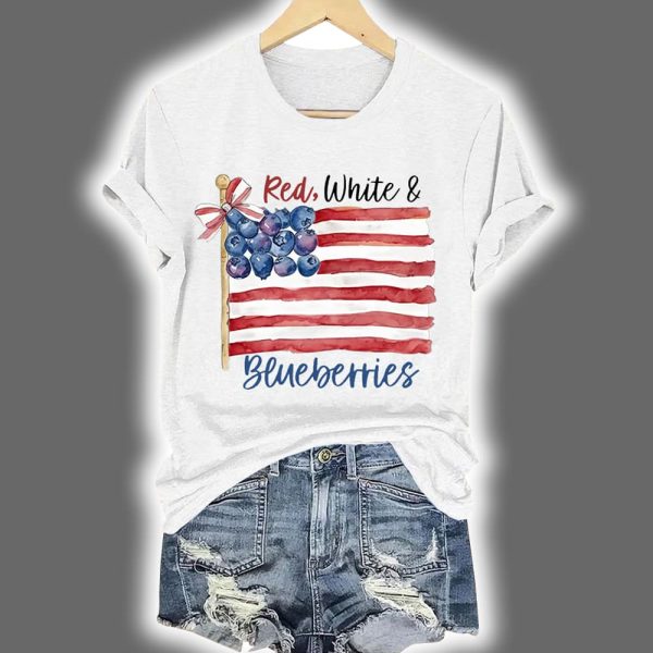 Red White And Blueberries Print Round Neck T Shirt 3