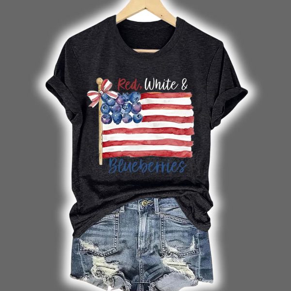 Red White And Blueberries Print Round Neck T Shirt 4