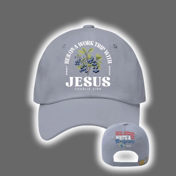 Retro Red White Blueberries Charlie Kirk Hes On A Work Trip With Jesus Print Baseball Cap 4