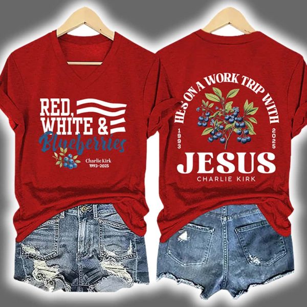Retro Red White & Blueberries He's On A Work Trip With Jesus Charlie Kirk Print T-Shirt